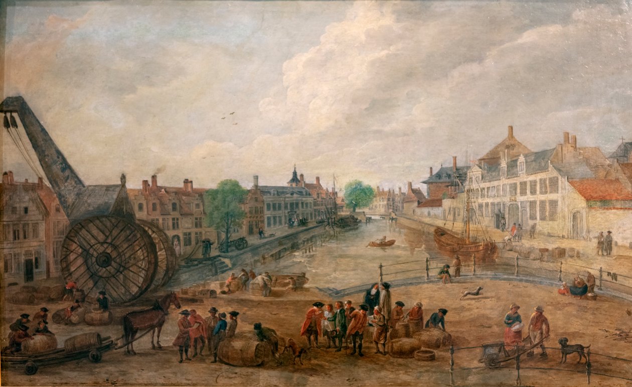 Ahşap bir vinçle Ghent Lievekaai ve Augustijnenkaai'nin görünümü, Engelbert van Siclers'in 18. yüzyıla ait bir resminin kopyası by Belgian School