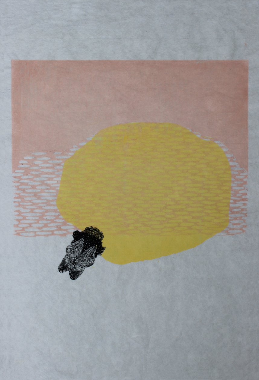 Bumblebee and Sun, 2013 (washi üzerine suluboya ve ahşap gravür) by Bella Larsson