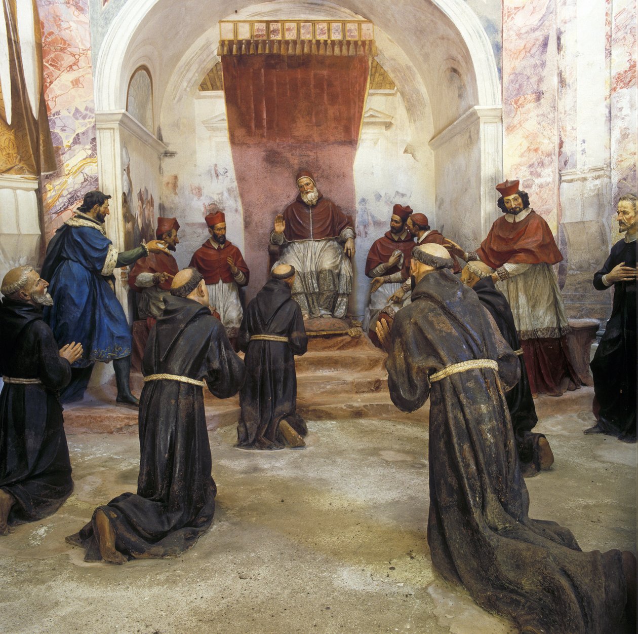 Assisi'li Aziz François ve Fransisken topluluğu, 1210'da Papa III. Innocent (1160-1216) tarafından ilk kuralın onayını aldı (fresk) by Benedetto (1580 1630) Crespi