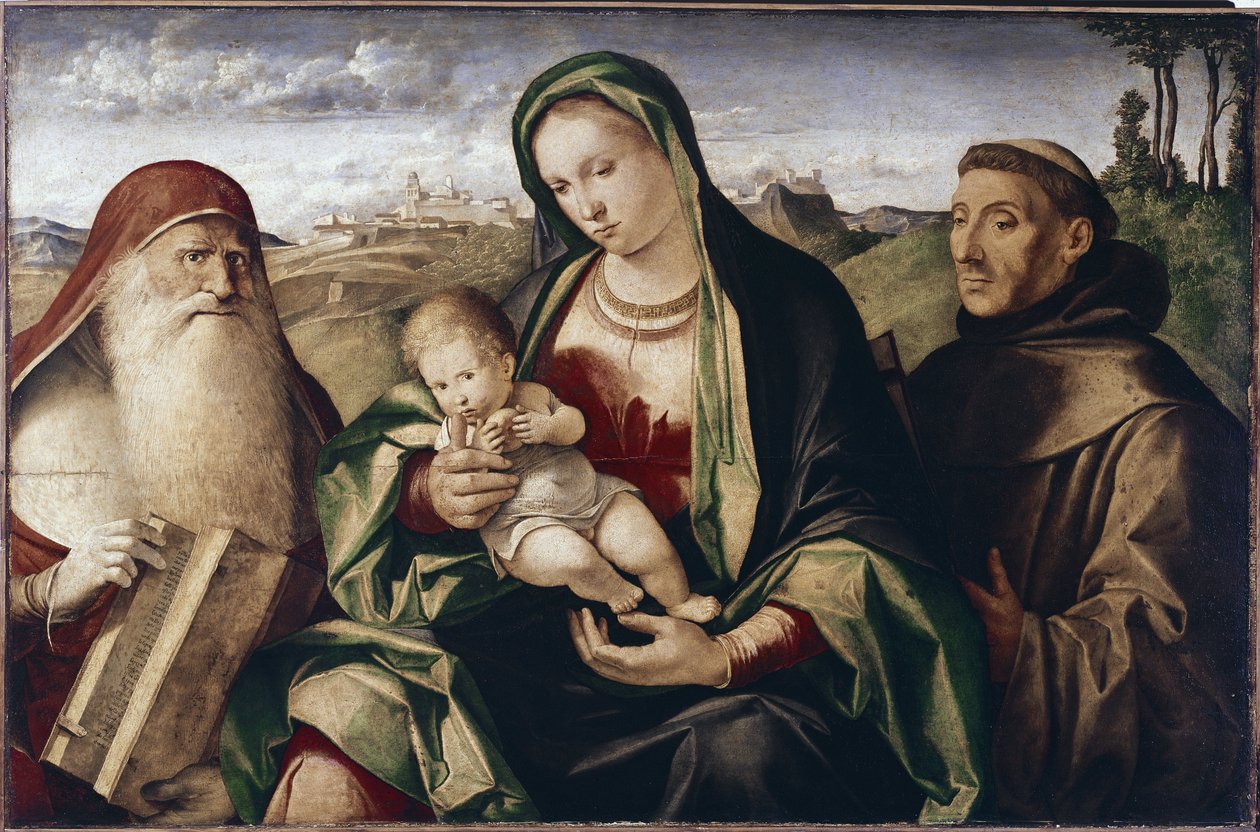 Aziz Jerome ve Francis arasında Çocuklu Madonna (tahta üzerine yağlı boya by Benedetto (c.1460 1525) Diana
