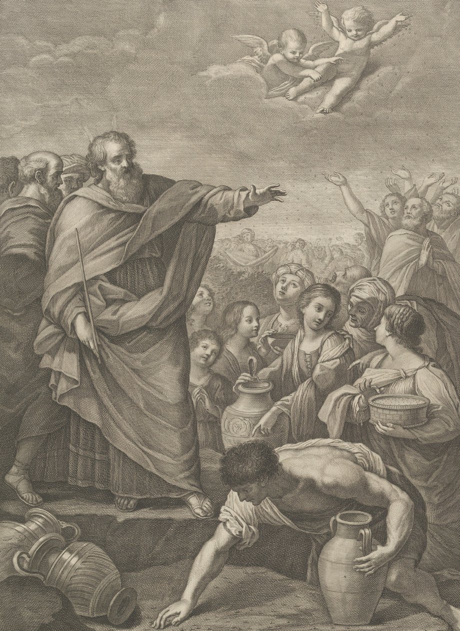 Musa, gökten düşerken man toplayan İsraillilerle birlikte, iki melek ab..., 1776 by Benedetto Eredi