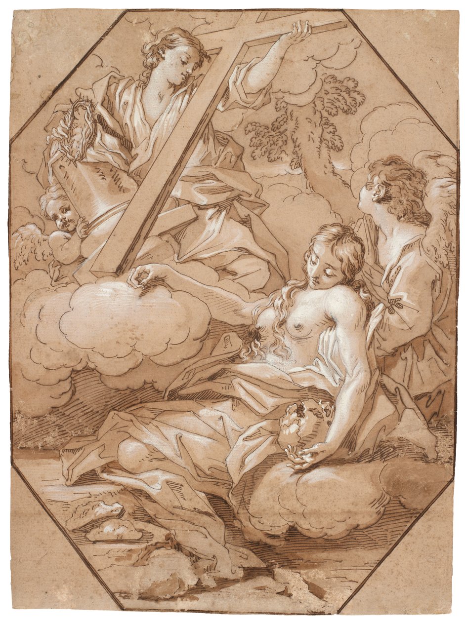 The Ecstasy of Saint Mary Magdalene, c.1715-19 (kahverengi astarlı kalem ve mürekkep, beyazla güçlendirilmiş, serilmiş kağıt üzerine kahverengi mürekkepten sekizgen çerçeveleme çizgileri ile) by Benedetto Luti