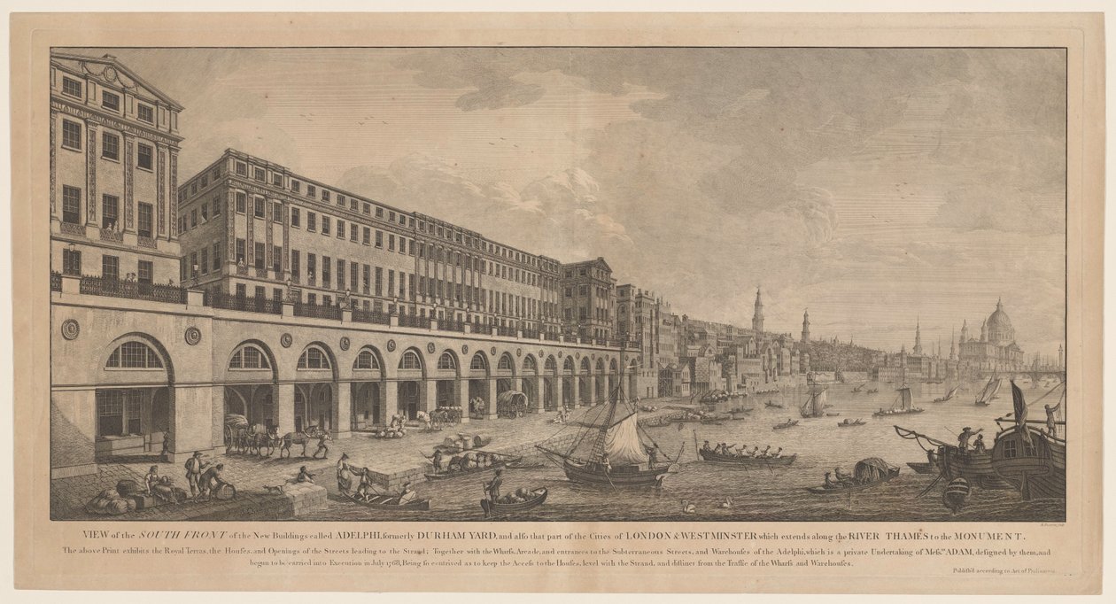 Adelphi vanaf de Thames te Londra Eski adı Durham Yard olan Adelphi adlı Yeni Binaların Güney Cephesinden Görünüm (...) (nesne üzerindeki başlık) by Benedetto Pastorini