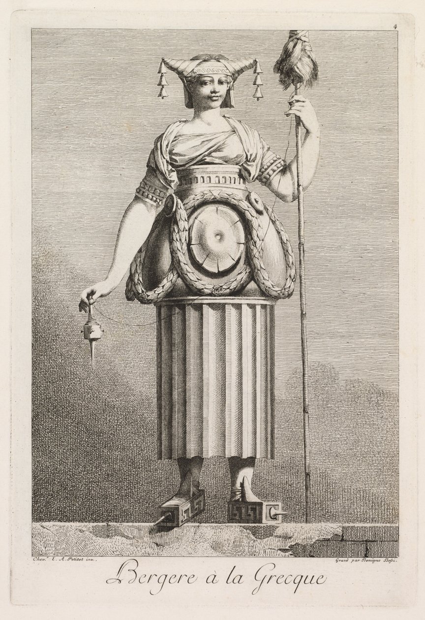 Maskeli balo Grecque: Shepherdess à la Grecque Plate 4, 1771. by Benigno Bossi