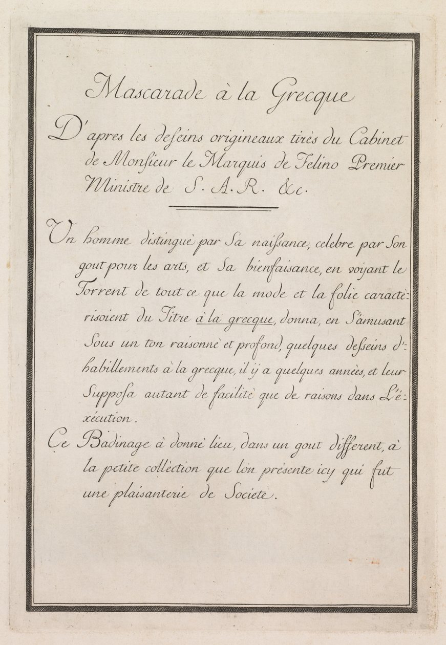 Yunan Maskeli Balosu: Başlık Sayfası Plakası 1, 1771. by Benigno Bossi