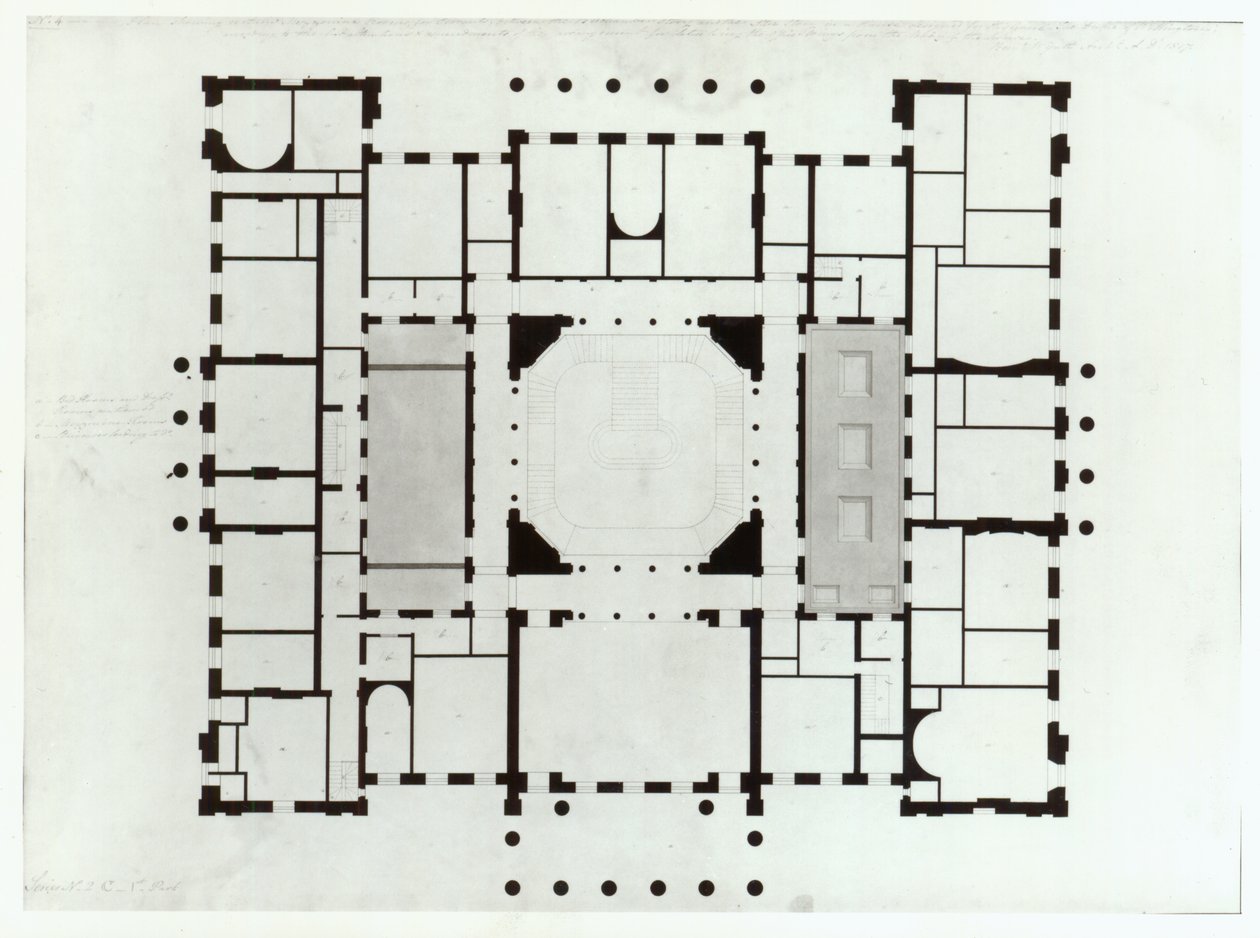 Plan of the Mezzanine floor, 1815 (pen and black ink, grey washes) by Benjamin Dean Wyatt