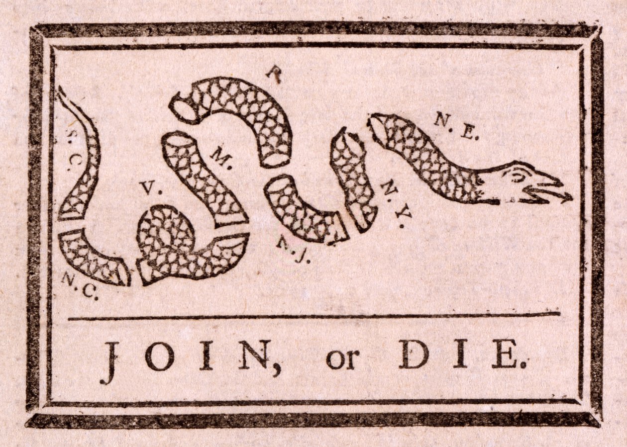 Katıl ya da Öl, pub. 1754 by Benjamin Franklin