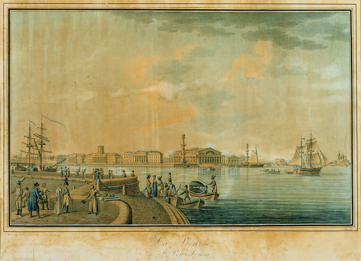 Borsa ve Rostral Sütunları, Saint Petersburg, 1807 (wc ile gravür) by Benjamin Patersson