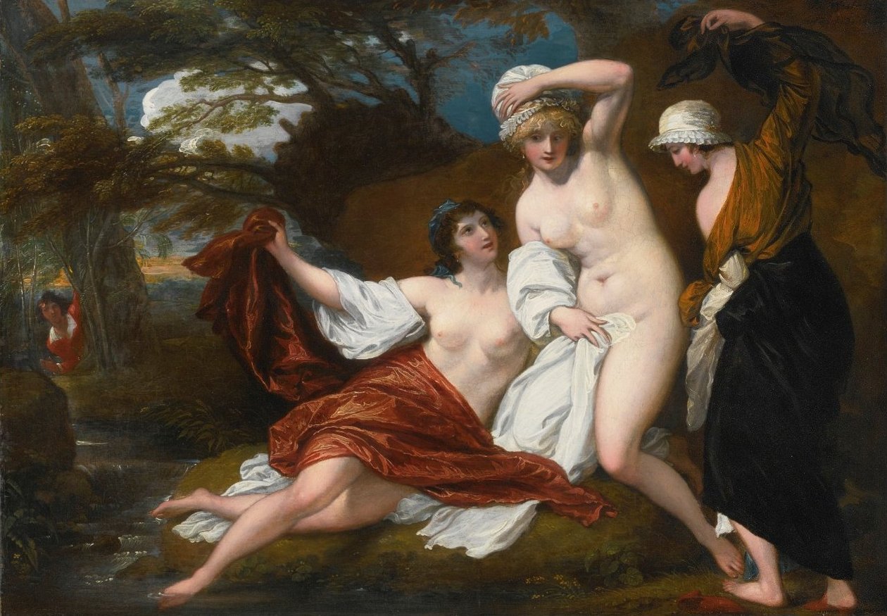 Musidora ve İki Arkadaşı, Sacharissa ve Amoret, Banyolarında Damonn Tarafından Casus Edildi by Benjamin West