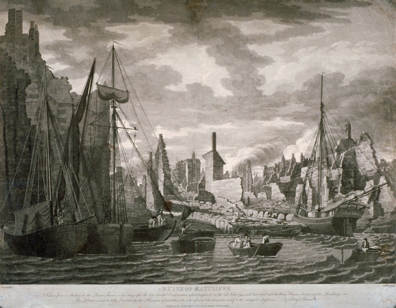 23 Temmuz 1794 yangınından sonra harabeleri gösteren, Londra, Ratcliffe bölgesinin görünümü by Benjamin Burnell