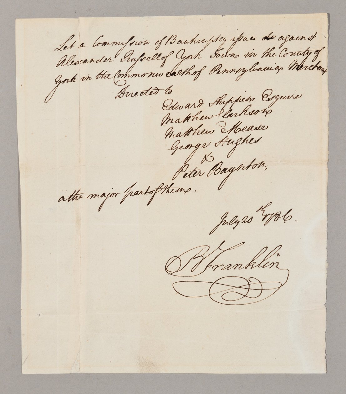 İflas Komisyonu, 20 Temmuz 1786 (kağıt üzerine kalem ve mürekkep) (ayrıca bkz. 2561291-93) by Benjamin Franklin