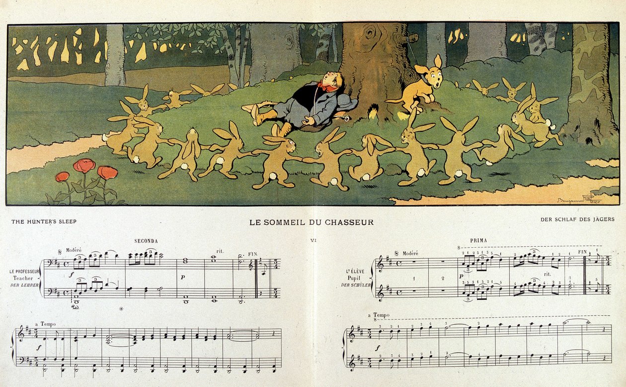 Uyuyan bir avcının etrafında dönen tavşanlar - Benjamin Rabier (1864-1939) tarafından resmedilen Jane Vieu