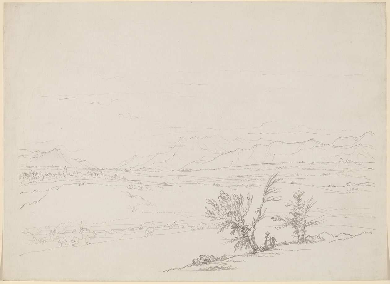 Bir Vadi Manzaralı Ağaçların Yanında Oturmuş Bir Çiftin Olduğu Bir Alp Manzarası by Benjamin West