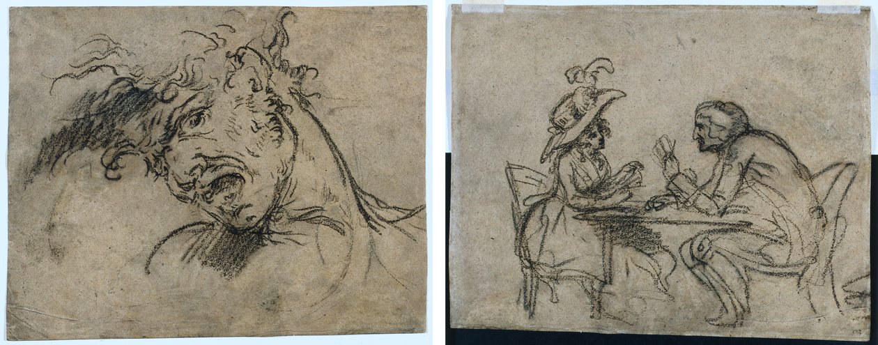 Çığlık atan bir adamın başı (rekto) Kadın ve Erkek Oyun Kağıtları (verso) by Benjamin West