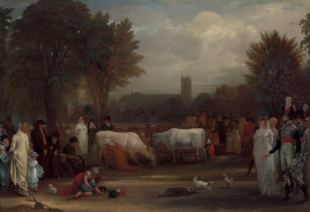 James's Park, Westminster Abbey Beyond'daki sütçü kızlar by Benjamin West