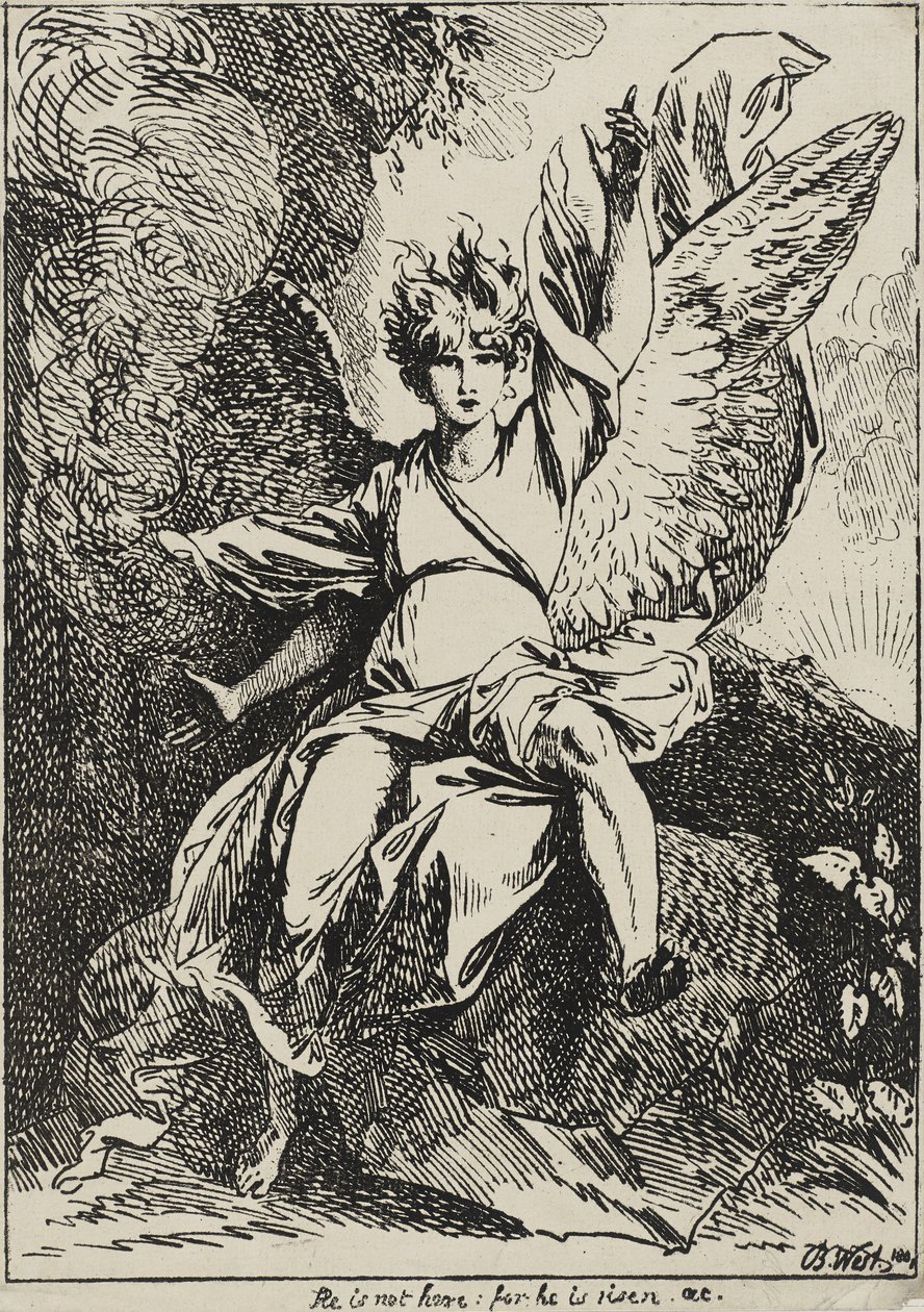 Diriliş Meleği, 1801 (grimsi kahverengi aquatint ile orijinal dokuma destek tabakasına monte edilmiş dokuma kağıt üzerine kalem litografisi) by Benjamin West