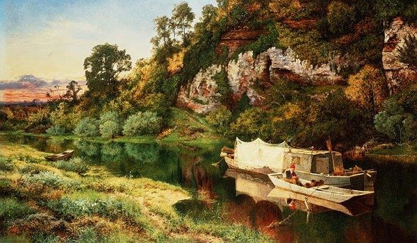 Balıkçının Yılan Balığı Tuzağı Yaptığı Bir Nehir Manzarası by Benjamin Williams Leader