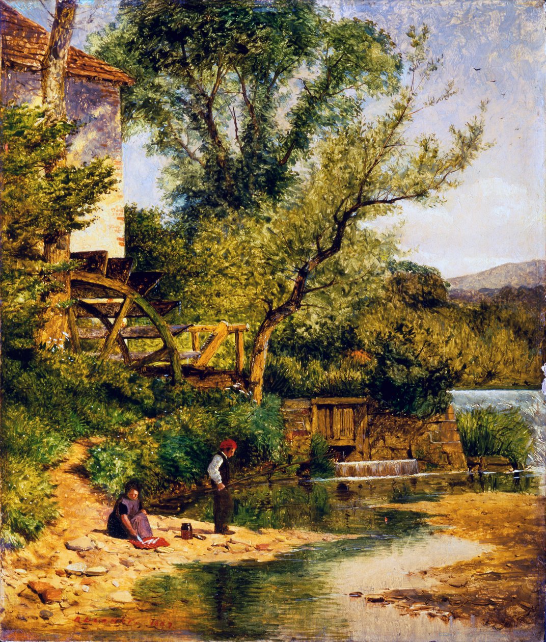 Değirmende Balık Tutma (tuval üzerine yağlı boya) by Benjamin Williams Leader