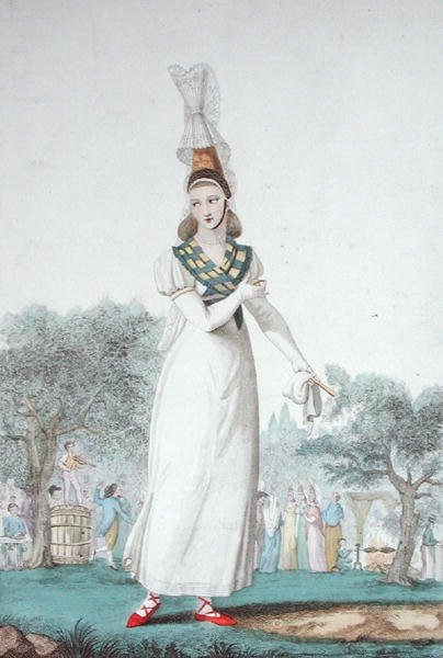 Bayram günleri için geleneksel kostümlü bir Cauchoise, Gatin c.1830 tarafından oyulmuş (renkli taş) by Benoit (after) Pecheux