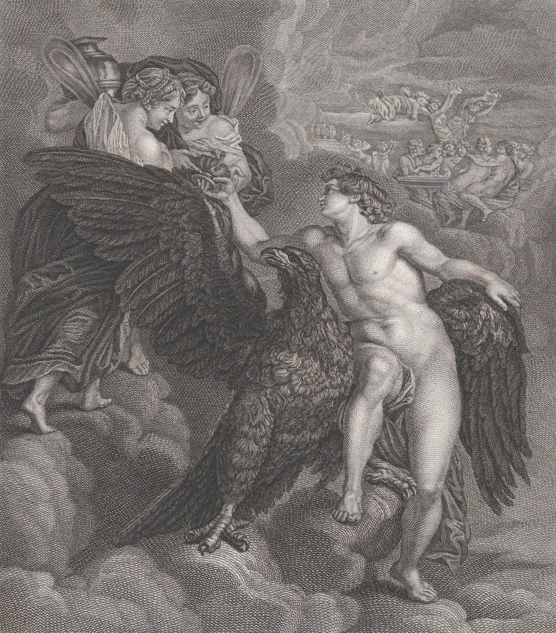 Ganymede, bir kartala yaslanmış, kupayı Hebe