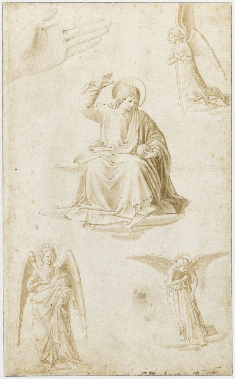 Salvator Mundi olarak bir el, üç melek ve İsa çalışmaları, 15. yüzyılın ikinci yarısı by Benozzo Gozzoli