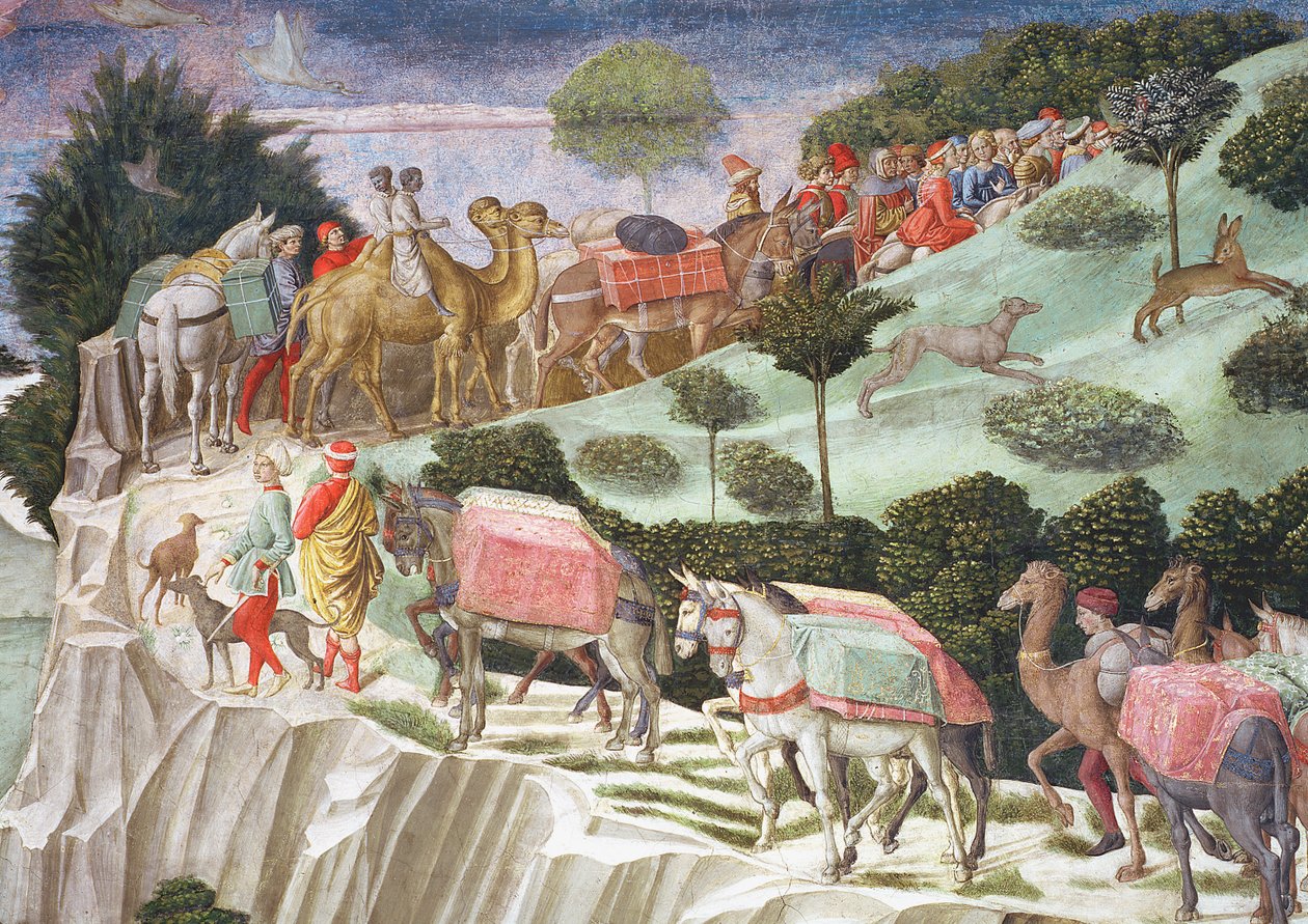 Bir tepeye tırmanan yük hayvanlarının karavanı, şapeldeki Magi döngüsünün Yolculuğundan detay, 70601 c.1460 fresk detayı by Benozzo di Lese di Sandro Gozzoli
