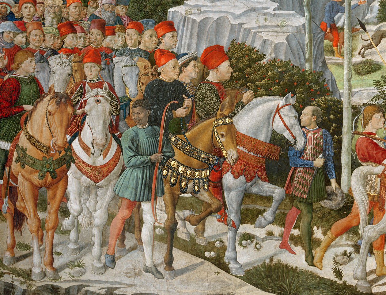 Galeazzo Maria Sforza, Milan Dükü (1444-76), aşırı solda, kahverengi bir at üzerinde ve Rimini