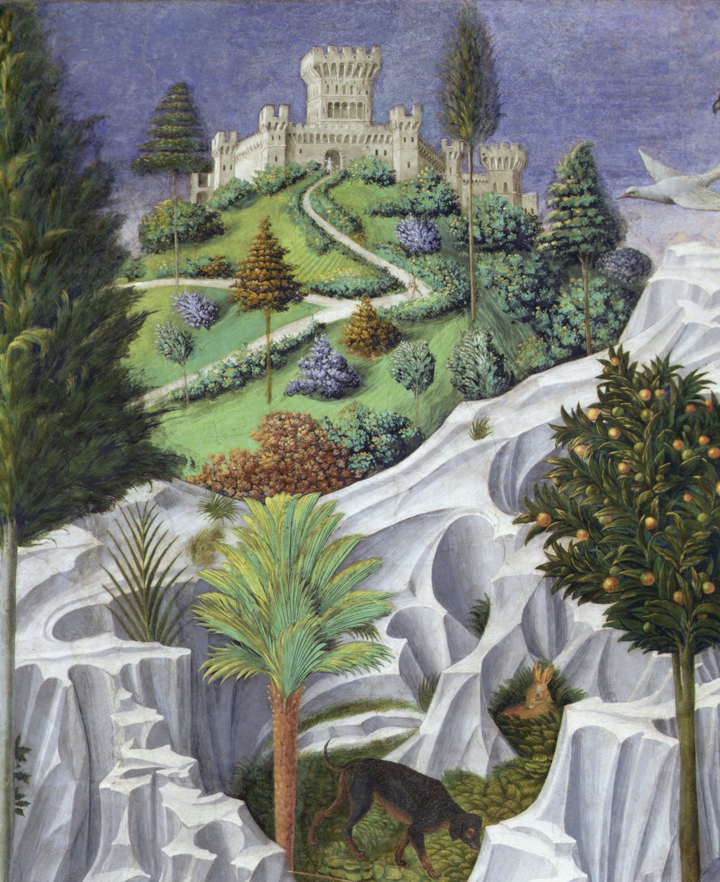 Bir kale ile manzara, Magi Kralı'nın Bethlehem'e Geçişinden detay by Benozzo di Lese di Sandro Gozzoli