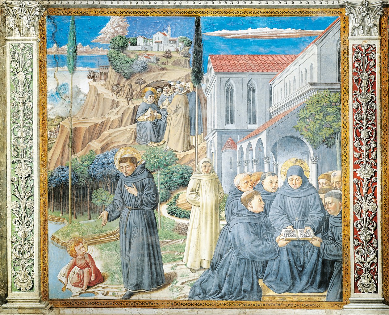 Aziz Augustine, keşişlere Kural veriyor ve Çocuk İsa ile Kutsal Üçlü hakkında konuşuyor, St. Augustine Hikayelerinden detay by Benozzo di Lese di Sandro Gozzoli