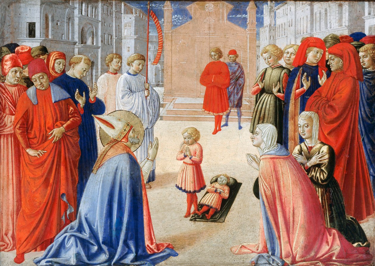Zenobe de Florence (Saint Zenobe, San Zanobi ou Zenobio) (337-417) - Aziz Zenobius bir çocuğu ölümden diriltir - Peinture de Gozzoli, Benozzo (yaklaşık 1420-1497) by Benozzo di Lese di Sandro Gozzoli