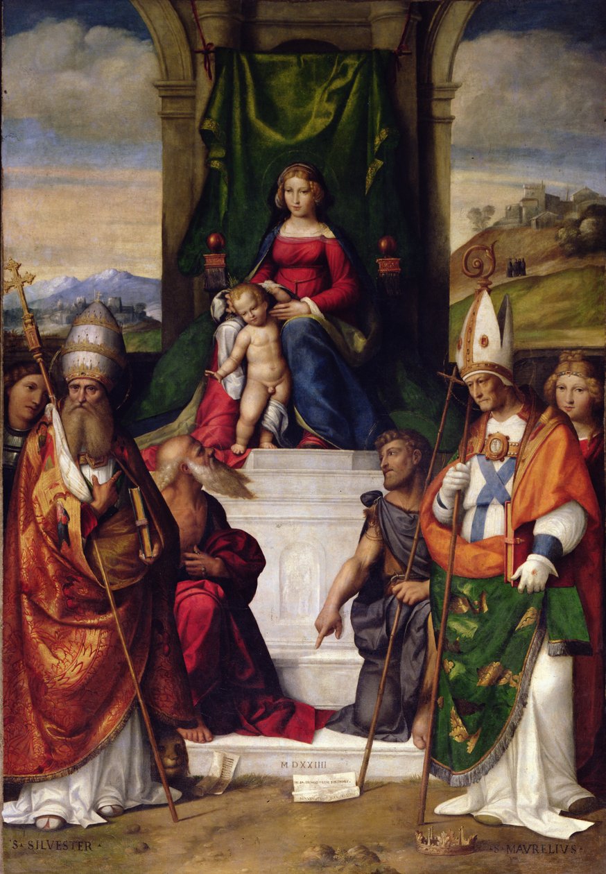 Aziz Jerome, Sylvester ve Maurius ile Enthroned Bakire by Benvenuto Tisi da Garofalo