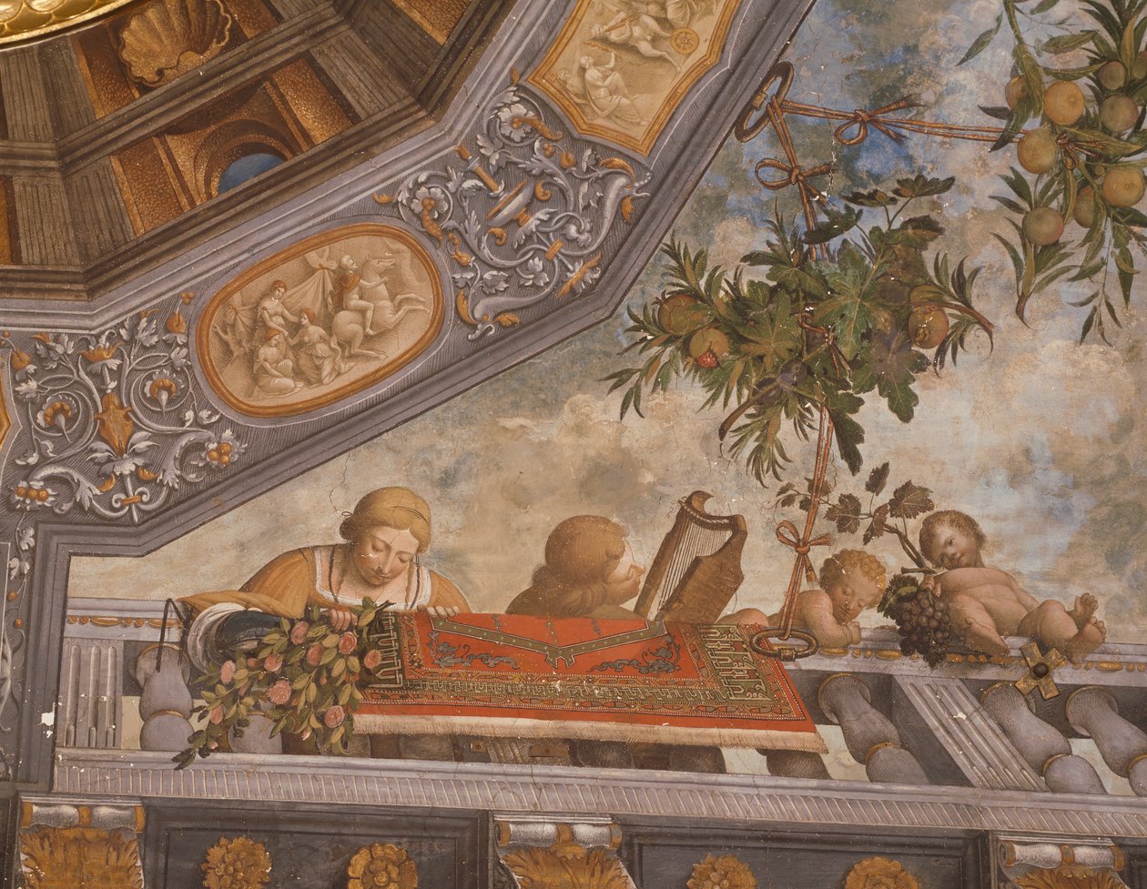Balkonda dama, müzisyen ve aşk tanrısı, tavan freskinden detay, Garofalo (1481-1559), Hazine odası, Ludovico il Moro Sarayı veya Costabili Sarayı, Ferrara, İtalya by Benvenuto Tisi da Garofalo