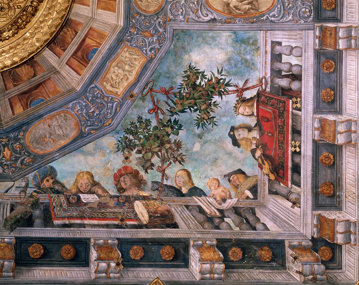 Balkonda bayanlar, müzisyenler ve aşk tanrıları, tavan freskinin detayı, Garofalo (1481-1559), Hazine odası, Ludovico il Moro Sarayı veya Costabili Sarayı, Ferrara, İtalya by Benvenuto Tisi da Garofalo