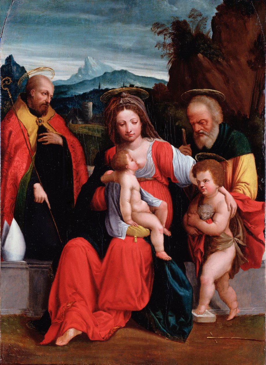Çocukken vaftizci Yahya ve bir piskopos ile kutsal aile Tablo Garofalo (Benvenuto Tisi) (1481-1559) Genes, Musei di Strada Nuova (eski Palazzo Rosso) by Benvenuto Tisi da Garofalo
