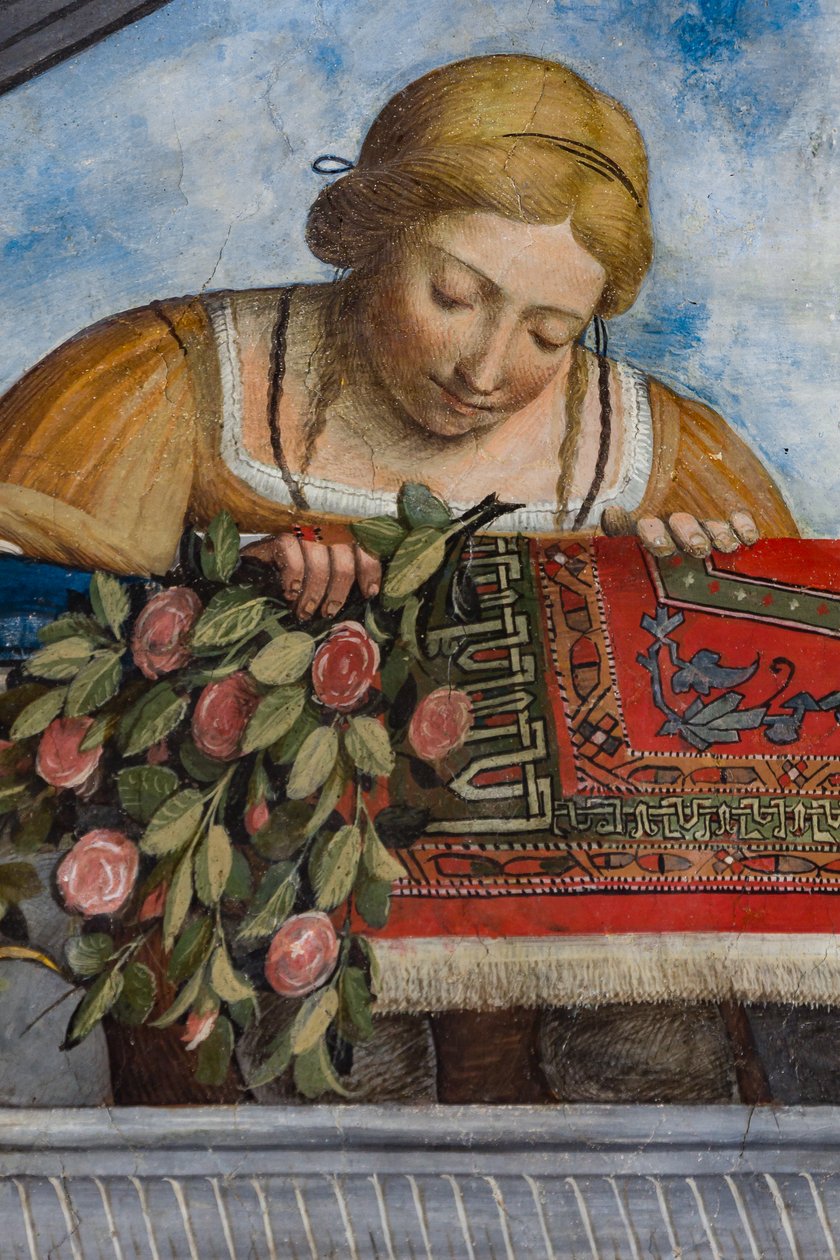 Sarı elbise ve çiçekler giyen kadın, kasanın detayı, Aula Costabiliana o Hazine Salonu (fresk) by Benvenuto Tisi da Garofalo