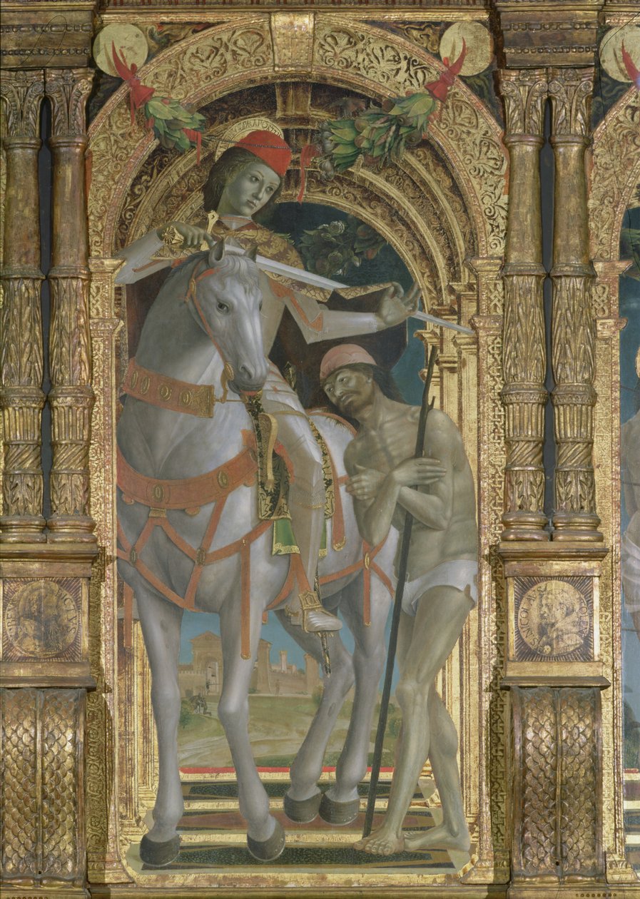 St. Martin, pelerinini dilenciyle paylaşırken, bir poliptikten detay, 1485 by Bernadino Jacobi Butinone