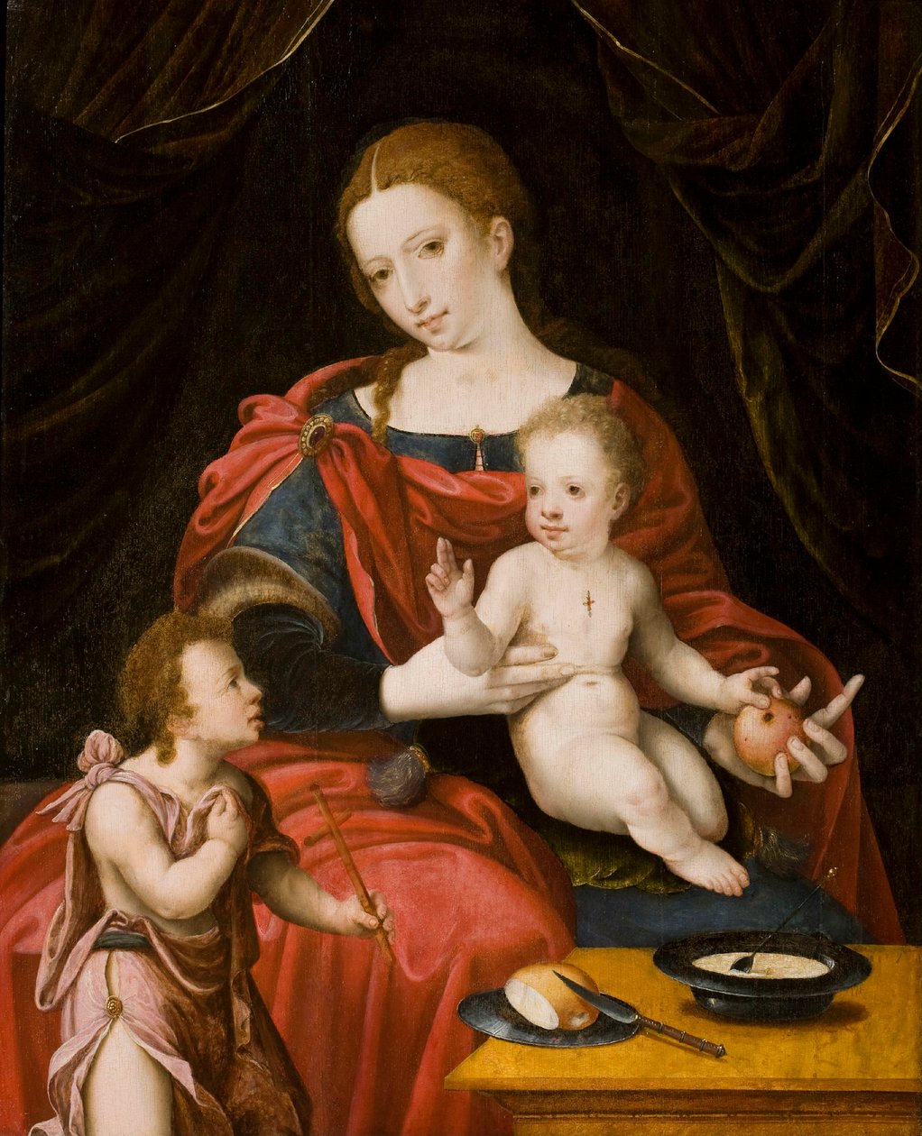 Çocukken Vaftizci Yahya ile Bakire ve çocuk. by Bernaert Orley van