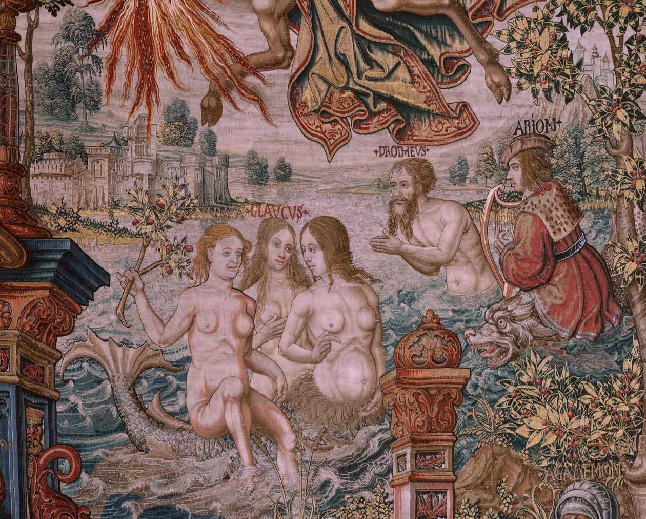 Flaman halısı. Seri Onur. Şöhret (La Fama). Serinin üçüncü halısı. Bernard van Orley ve Jan Gossaert (Mabuse) çevresinden Model Karikatürcüler. Pieter van Aelst, Brüksel imalatı. Ca 1550. Kumaş Altın, gümüş, ipek ve yün. by Bernaert van (circle of) Orley