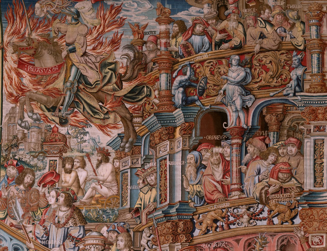 Flaman halısı. Seri Onur. Şöhret (La Fama). Serinin üçüncü halısı. Bernard van Orley ve Jan Gossaert (Mabuse) çevresinden Model Karikatürcüler. Pieter van Aelst, Brüksel imalatı. Ca 1550. Kumaş Altın, gümüş, ipek ve yün. by Bernaert van (circle of) Orley