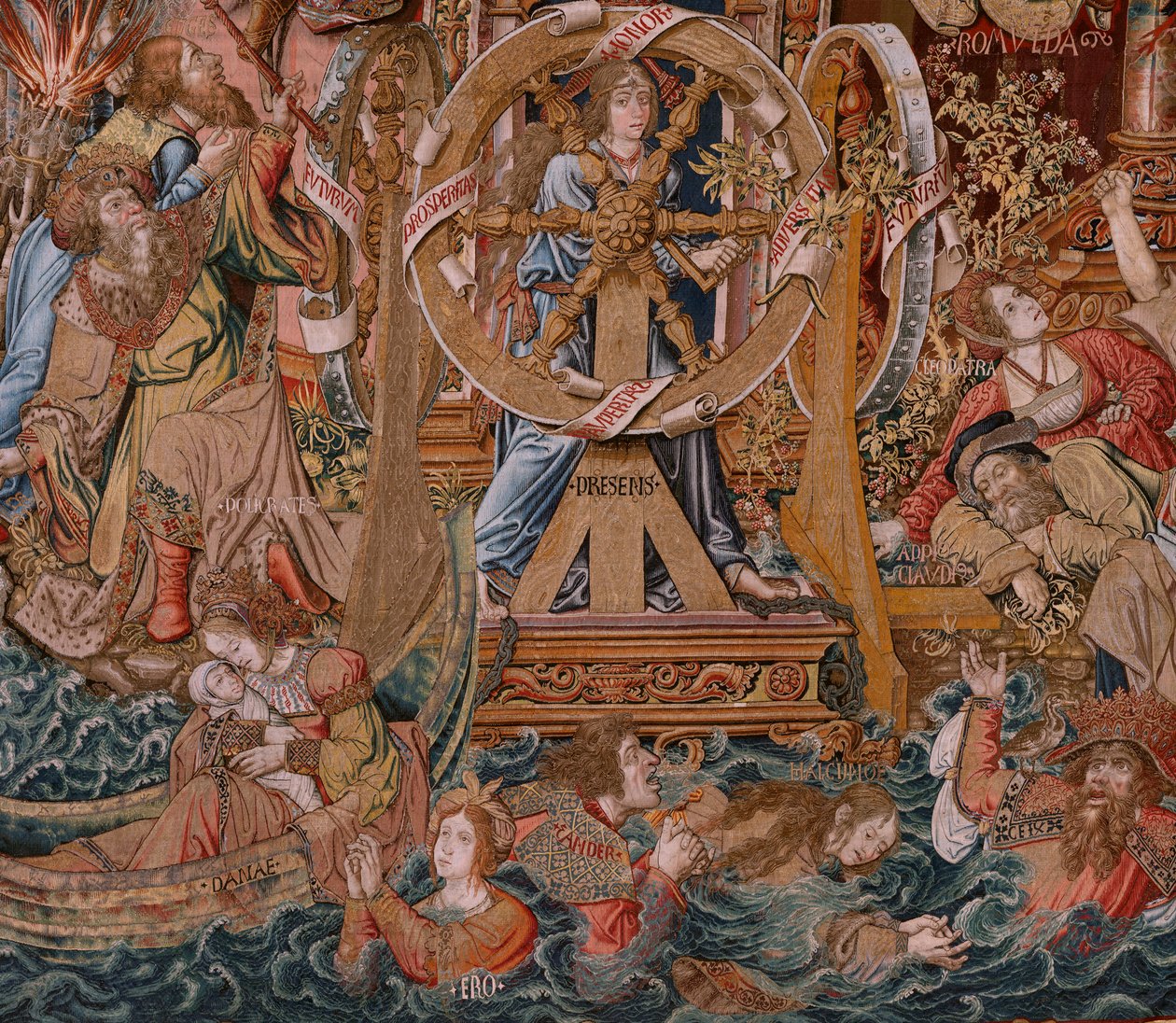 Flaman halısı. Seri Onur. Servet, Başarıya Giden Yol (La Fortuna, Camino de los Honores). Serinin beşinci halısı. Bernard van Orley ve Jan Gossaert de Mabuse çevresinden Model Karikatürcüler. Pieter van Aelst, Brusse imalatı by Bernaert van (circle of) Orley