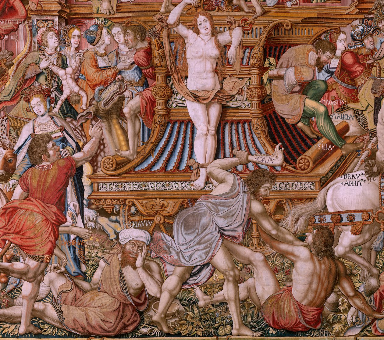 Flaman halısı. Seri Onur. Infamy (La Infamia). Serinin altıncı halısı. Bernard van Orley ve Jan Gossaert (Mabuse) çevresinden Model Karikatürcüler. Pieter van Aelst, Brüksel imalatı. Ca 1550. Kumaş Altın, gümüş, ipek ve yün. by Bernaert van (circle of) Orley