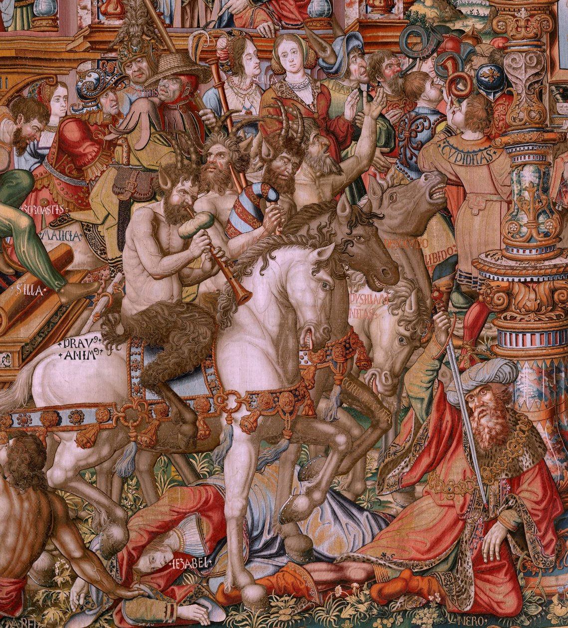 Flaman halısı. Seri Onur. Infamy (La Infamia). Serinin altıncı halısı. Bernard van Orley ve Jan Gossaert (Mabuse) çevresinden Model Karikatürcüler. Pieter van Aelst, Brüksel imalatı. Ca 1550. Kumaş Altın, gümüş, ipek ve yün. by Bernaert van (circle of) Orley