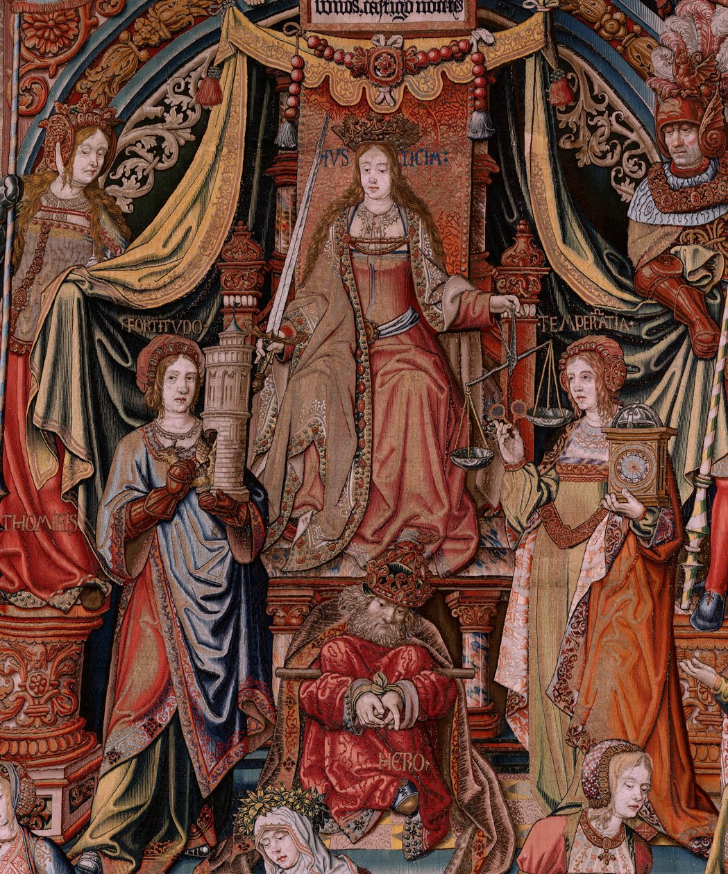 Flaman halısı. Seri Onur. Adalet (La Justicia, Los Honores). Serideki dokuzuncu goblen. Bernard van Orley ve Jan Gossaert (Mabuse) çevresinden Model Karikatürcüler. Pieter van Aelst, Brüksel imalatı. Ca 1550. Kumaş Altın, gümüş, by Bernaert van (circle of) Orley