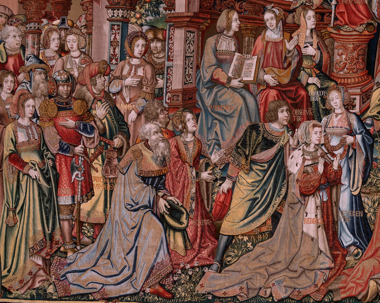 Flaman halısı. Seri Onur. Adalet (La Justicia, Los Honores). Serideki dokuzuncu goblen. Bernard van Orley ve Jan Gossaert (Mabuse) çevresinden Model Karikatürcüler. Pieter van Aelst, Brüksel imalatı. Ca 1550. Kumaş Altın, gümüş, by Bernaert van (circle of) Orley