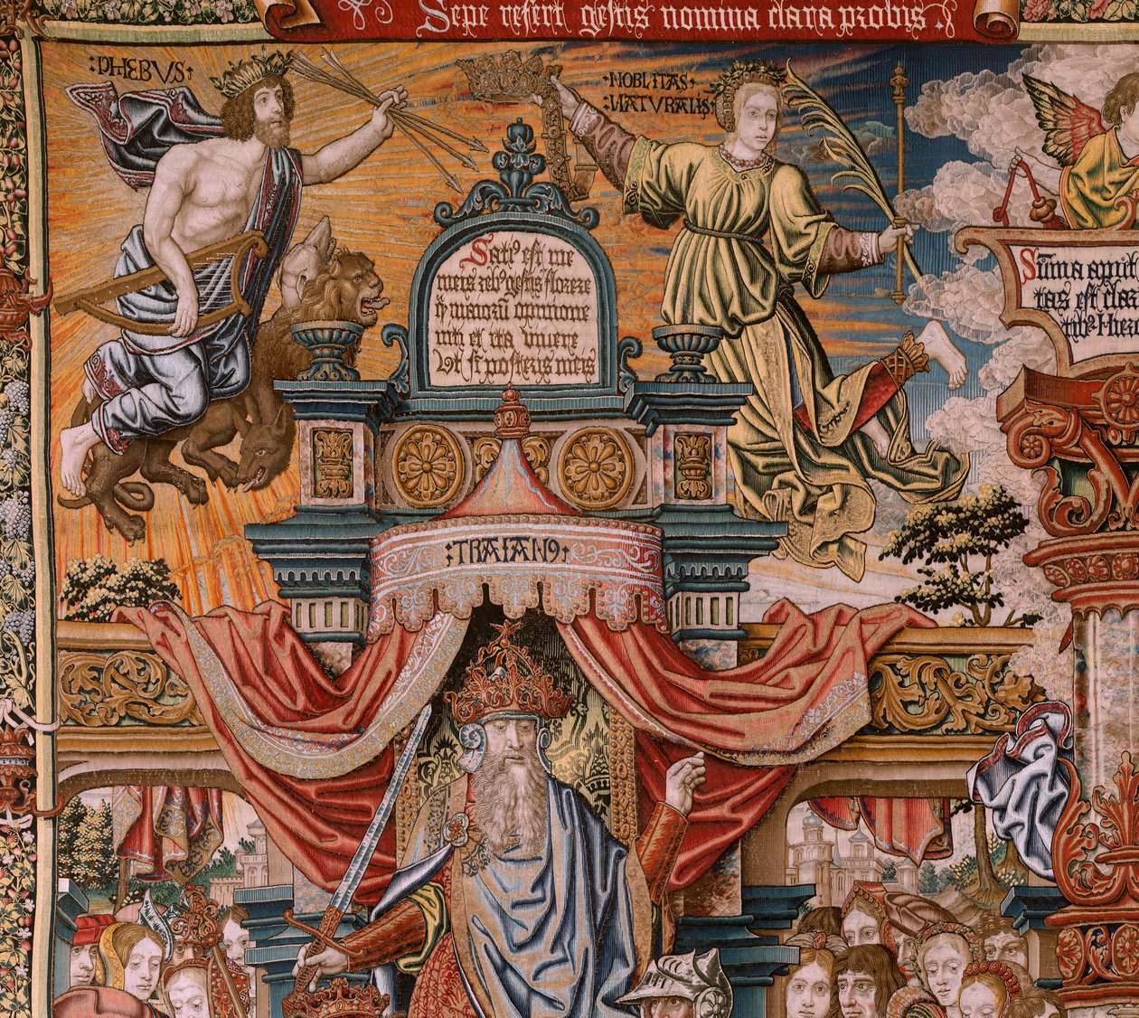 Flaman halısı. Dizi Onur; Asalet (La Nobleza). Serinin dördüncü halısı. Bernard van Orley ve Jan Gossaert (Mabuse) çevresinden Model Karikatürcüler. İmalat Pieter van Aelst, Brussels.Ca 1550. Kumaş Altın, gümüş, ipek ve yün by Bernaert van (circle of) Orley