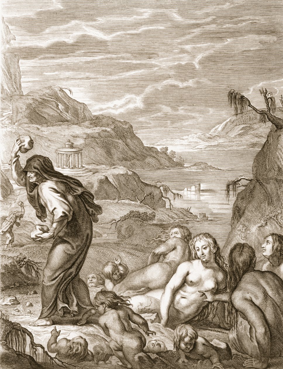 Deucalion ve Pyrrha Arkalarına Taş Atarak Dünyayı Yeniden İnsanlıyor, 1731 by Bernard Picart