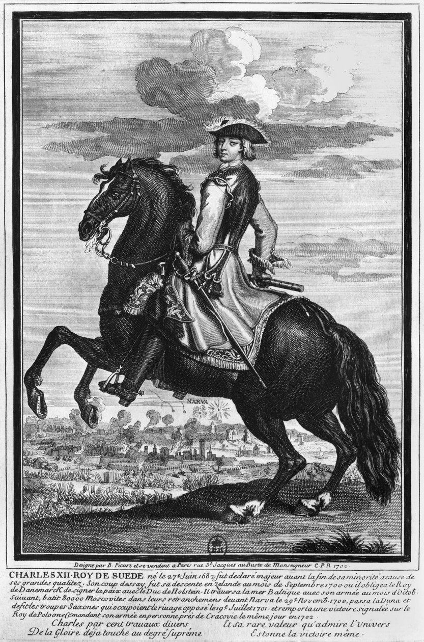 İsveç Kralı XII. Charles (1682-1718), at sırtında, 1702 by Bernard Picart