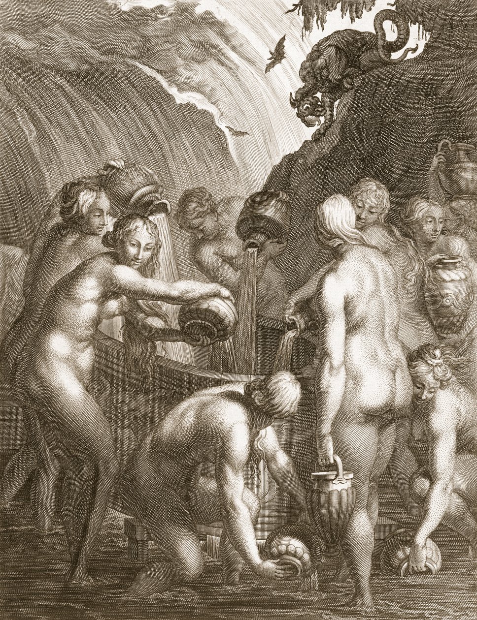 Danaidler, Delik Kapları Suyla Doldurmaya Mahkûm Edildi, 1730 by Bernard Picart