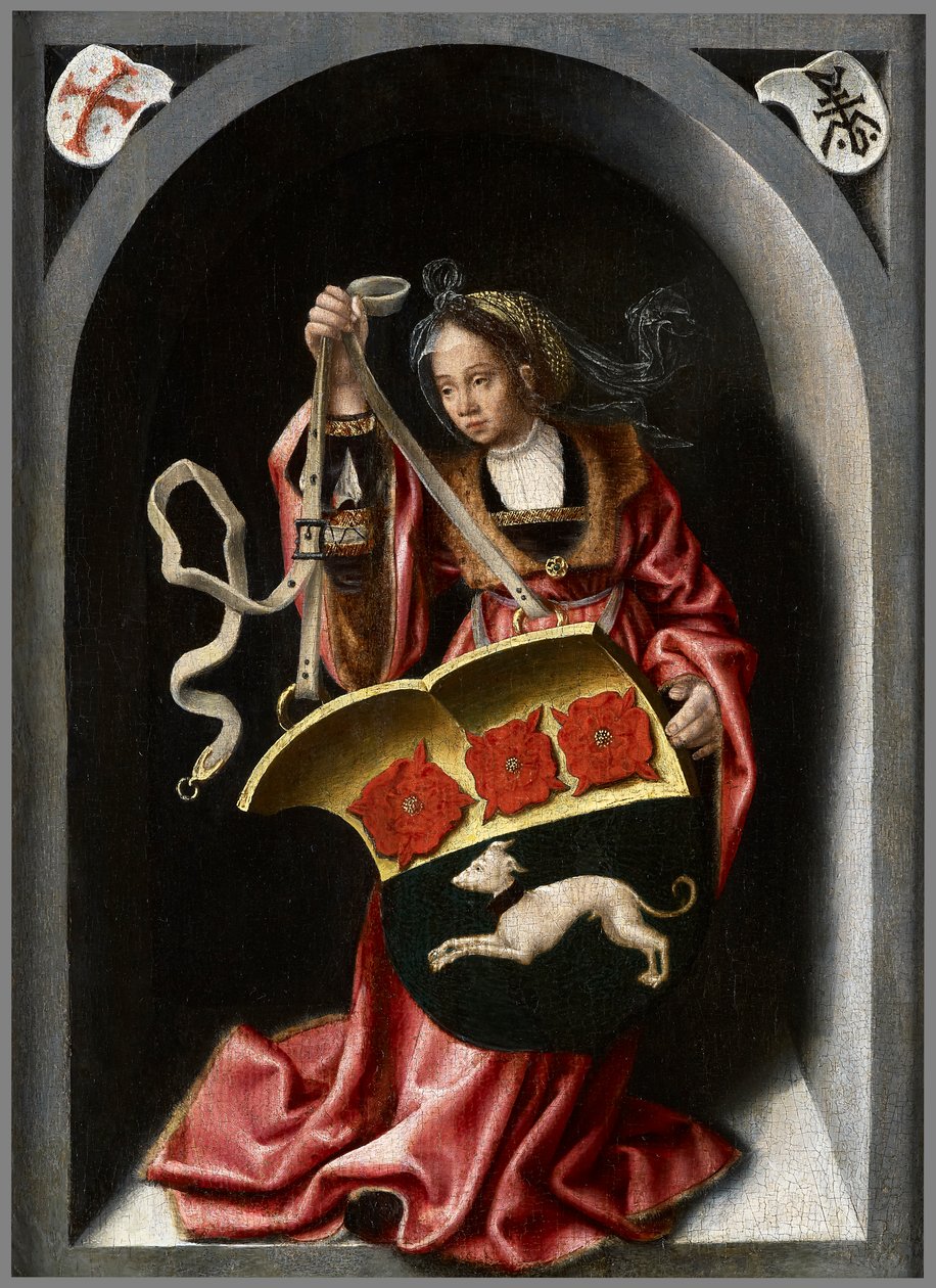 Boyalı bir niş içinde bir hanedan kalkan tutan Bayan by Bernard van Orley