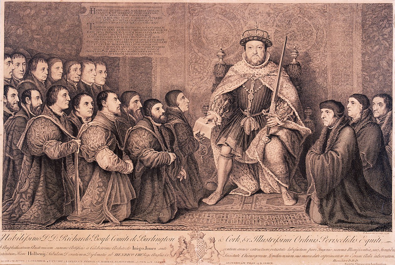 Kral Henry VIII, diz çökmüş figürlerle çevrili, 1736 by Bernard Baron